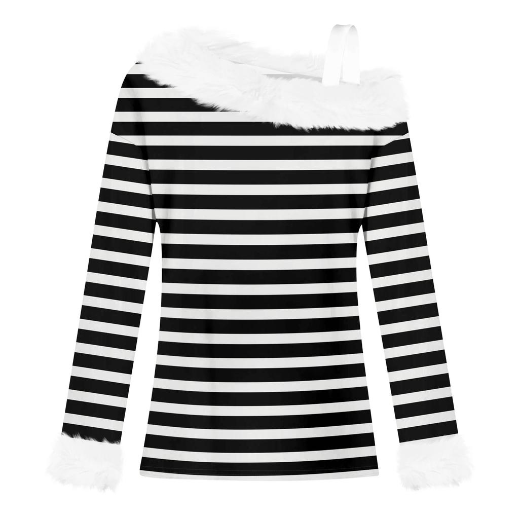 Women's Off-the-shoulder Plush Neck Printed Long-sleeved Pullover T-shirt Top