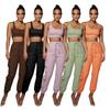European and American Women's Fashion: Solid Color High-Elastic Shaping Rib-Knit Short-Sleeve Top & Wide-Leg Pants Two-Piece Set.