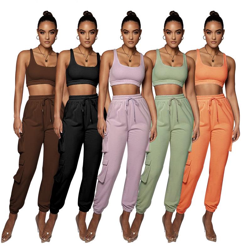 European and American Women's Fashion: Solid Color High-Elastic Shaping Rib-Knit Short-Sleeve Top & Wide-Leg Pants Two-Piece Set.