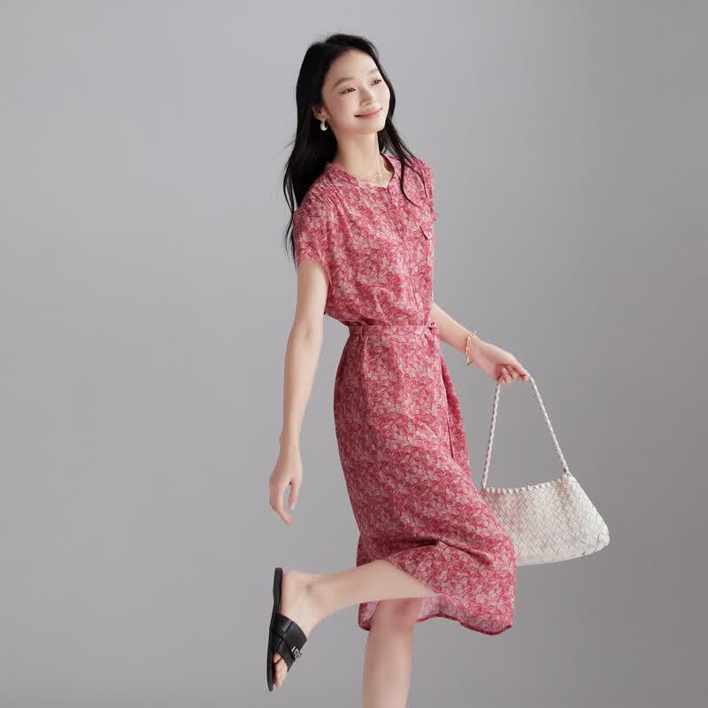 SOFSIL 2026 Summer Floral 100% Mulberry Silk A-line Dress