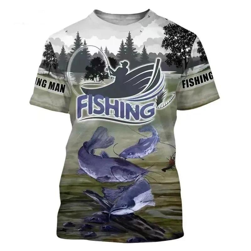 Summer Men's Fishing T-Shirts Short Sleeve 3d Fish Print Street T-Shirts Hip Hop Big Size Man Tees Loose Casual O-Neck Shirt