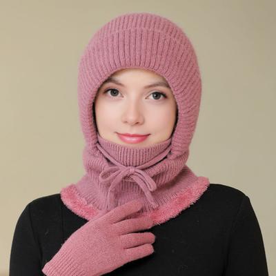 Knitted Wool Hat with Lace-Up Adjustment Velvet Lining Face Neck Protection Riding Headgear Winter Warmth Hat