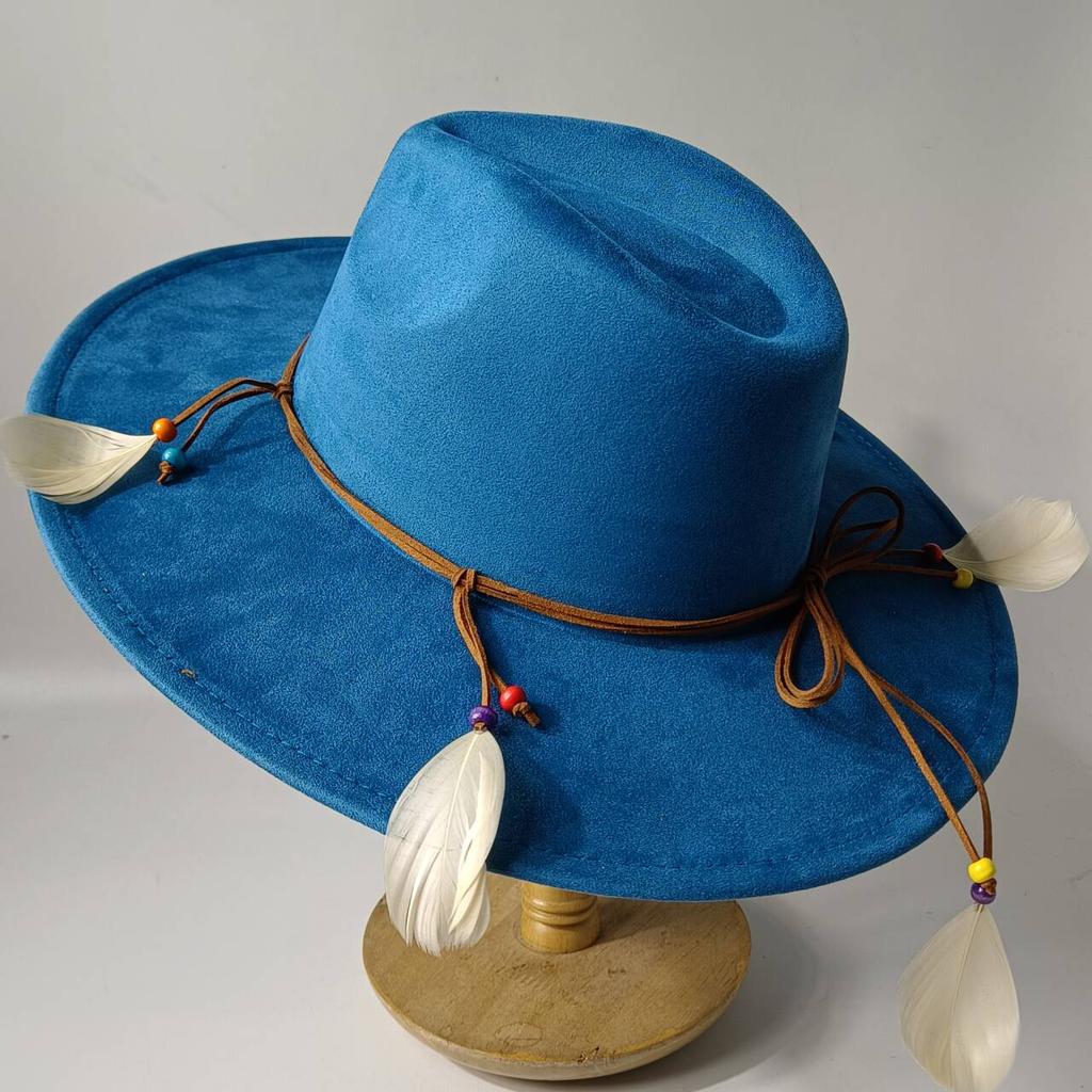 2026Bohemian style suede hat, brim 9.5 cm fedora with feather accessories, classic church hat, wide brim hat, women's hat
