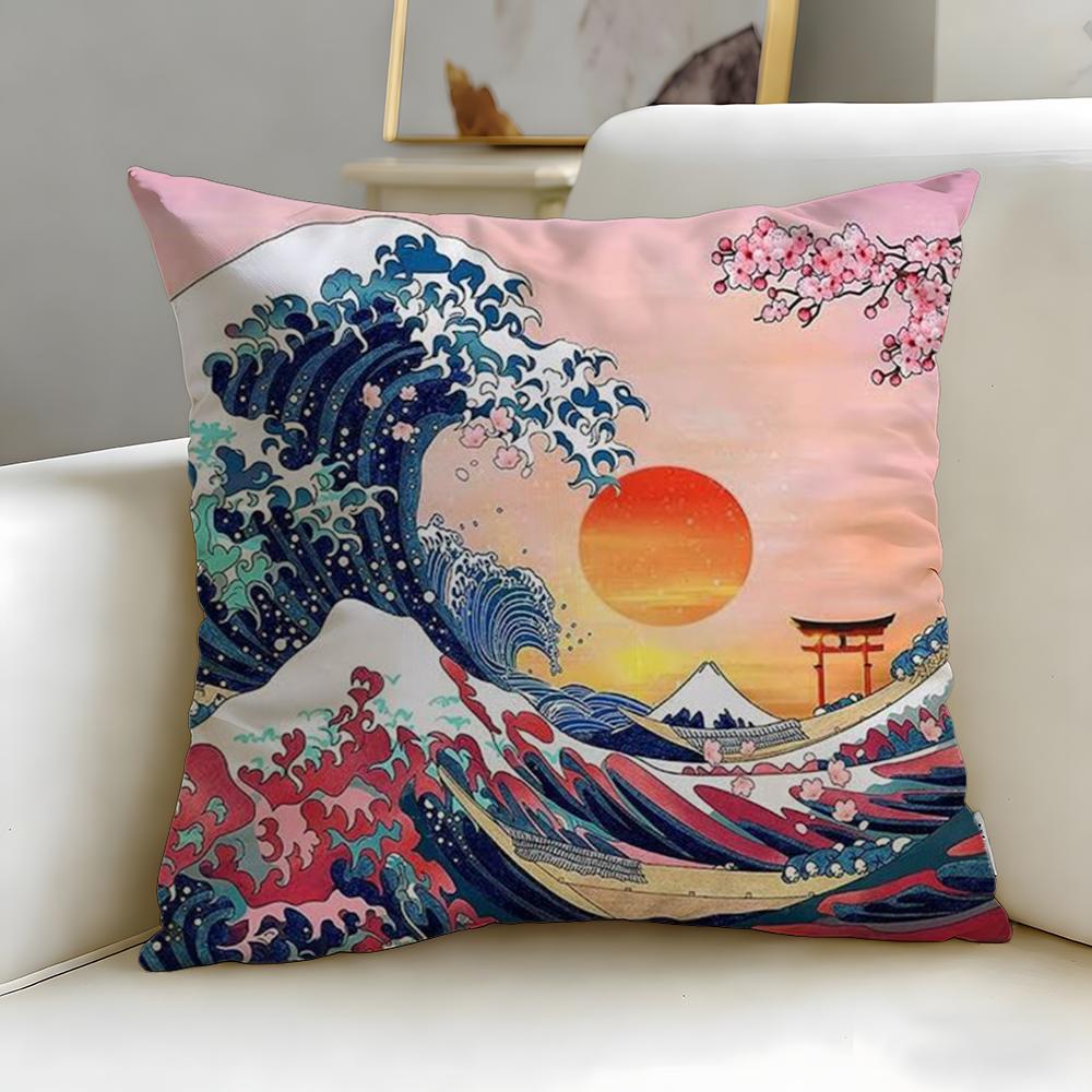 Classic Art Theme Japanese Waves Cushion Cover Soft  EasyWash Pillow Case  Versatile for Couch Bed Travel and Office