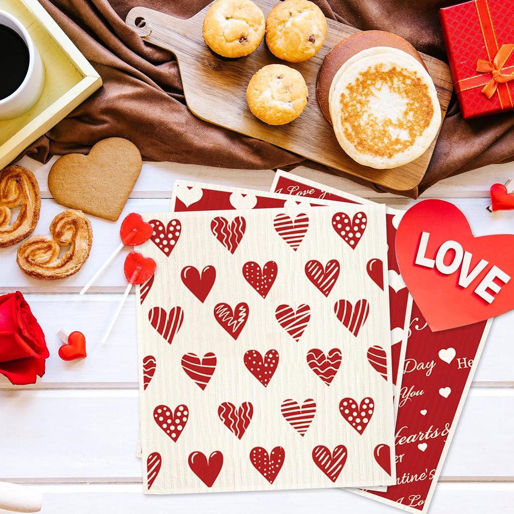 6 Packs Valentine's Day Swedish Dishcloths Red White Heart Kitchen Dish Towel Reble Washable Cotton Kitchen Towels for Home Party Cleaning