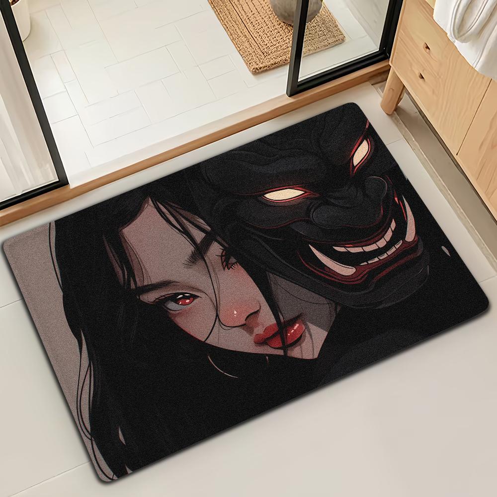 Japanese Samurai Oni Mask Girl Door Mat Bath Microfiber Decorative Versatile Flannel Floor Mat Quick Dry Absorbent Non-slip Sole
