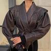 Women's Dark Brown Belted Faux Leather Trench Coat with Wide Lapel