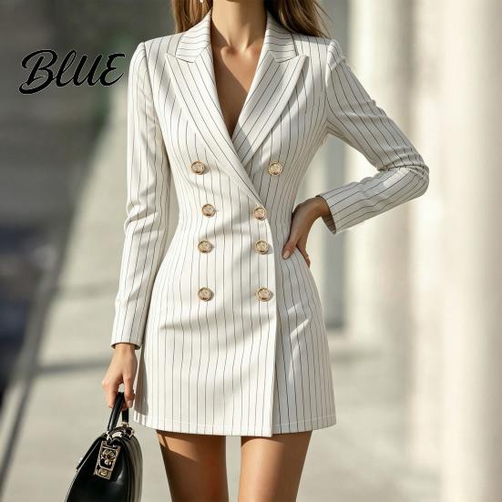 Striped Blazer Dress Women for Fall Double-breasted Lapel Collar Mini Slimming Waist Dress Slim Fit Cinched Above Knee Short Office Wear