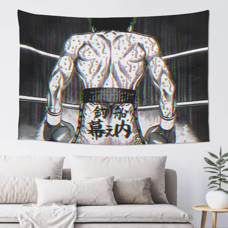 D Anime Boxing Tapestry Makunouchi Ippo Back Scene Black & White Wall Art 47.2x31.5inch/120*80cm