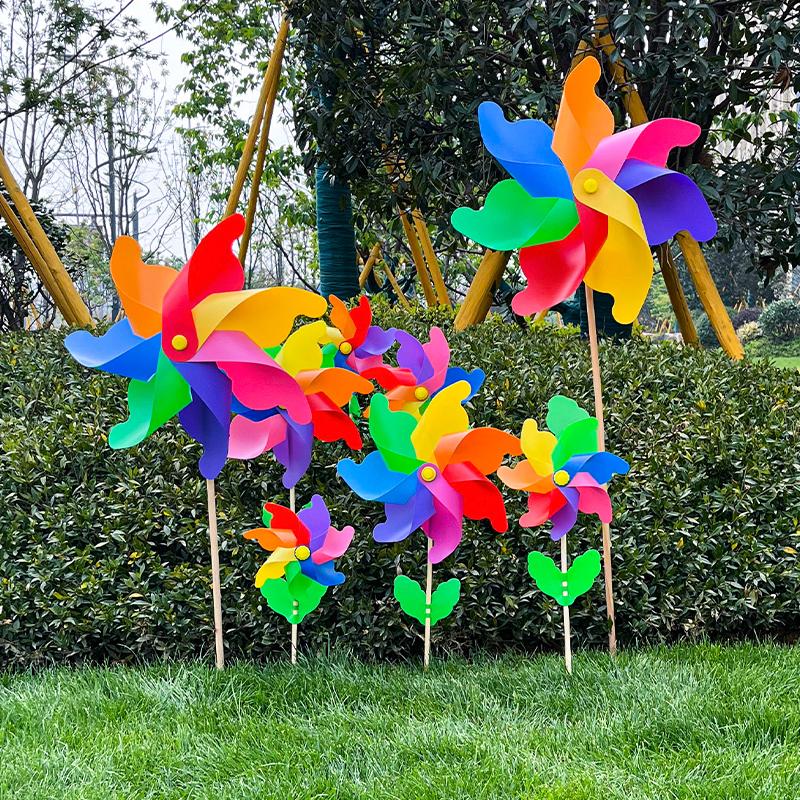 1 Piece 14/18/24/32CM Wooden Pole Seven Leaf Colorful DIY Windmill Garden Yard Party Outdoor Wind Spinner Ornament Kids Toys