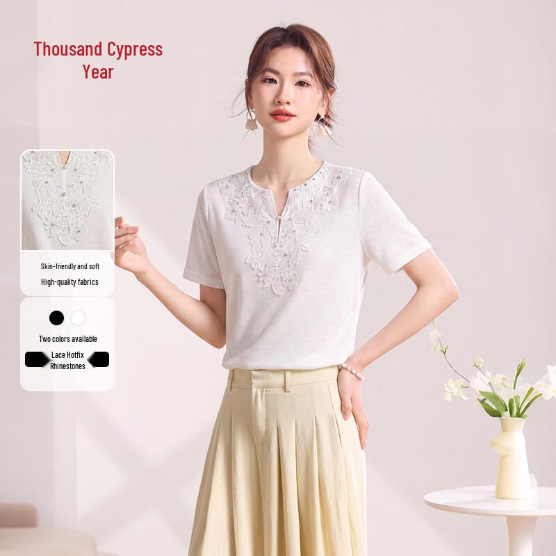 Women s V-Neck Linen Blend Short Sleeve Rhinestone Top L белый
