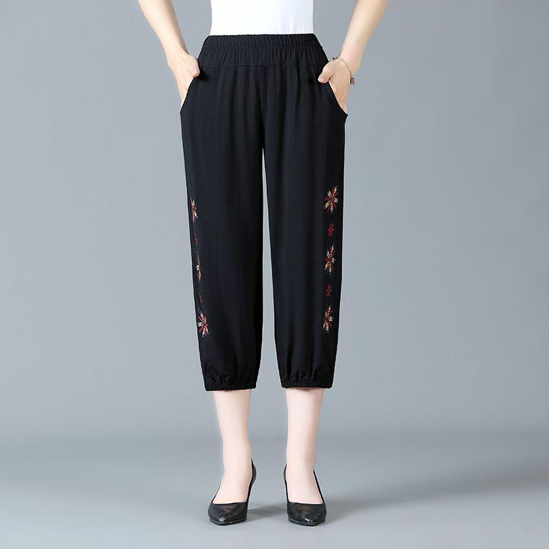 

Women s Summer Elastic Waist Embroidered Pants - Perfect for Mother s Day and Grandma s Wardrobe XL (suitable for 75-95 jin)