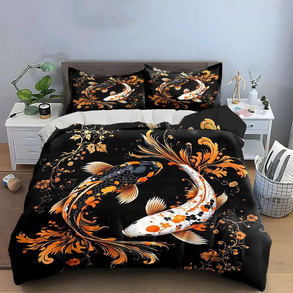 Koi Fish Decorative Art Set Soft Comfortable Duvet Cover Bedding Set Included 1*Duvet Cover & 2*Pillowcases Gift