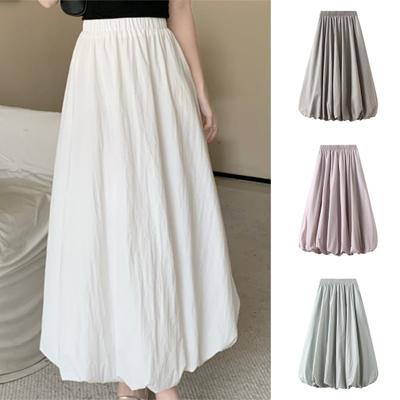 Spring Bubble Maxirock Elastischer A-Linienrock mit hoher Taille Einfarbiger Laternenrock Knöchellang Rüschen