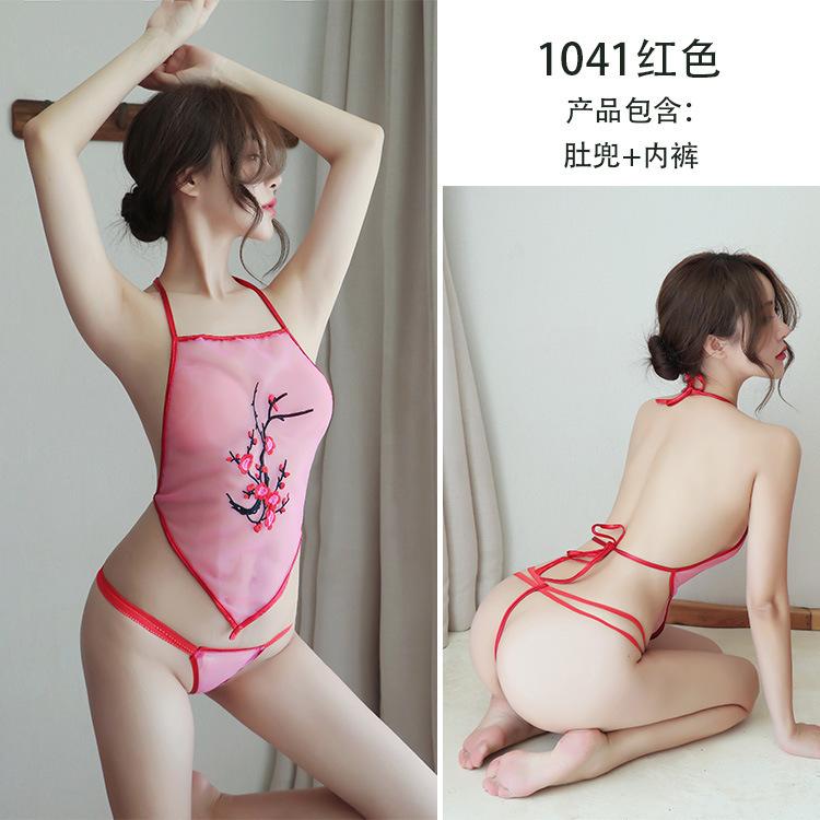 Long night long sexy lingerie female sexy temptation red embroidery flower classical belly pocket plum blossom Guanyun County