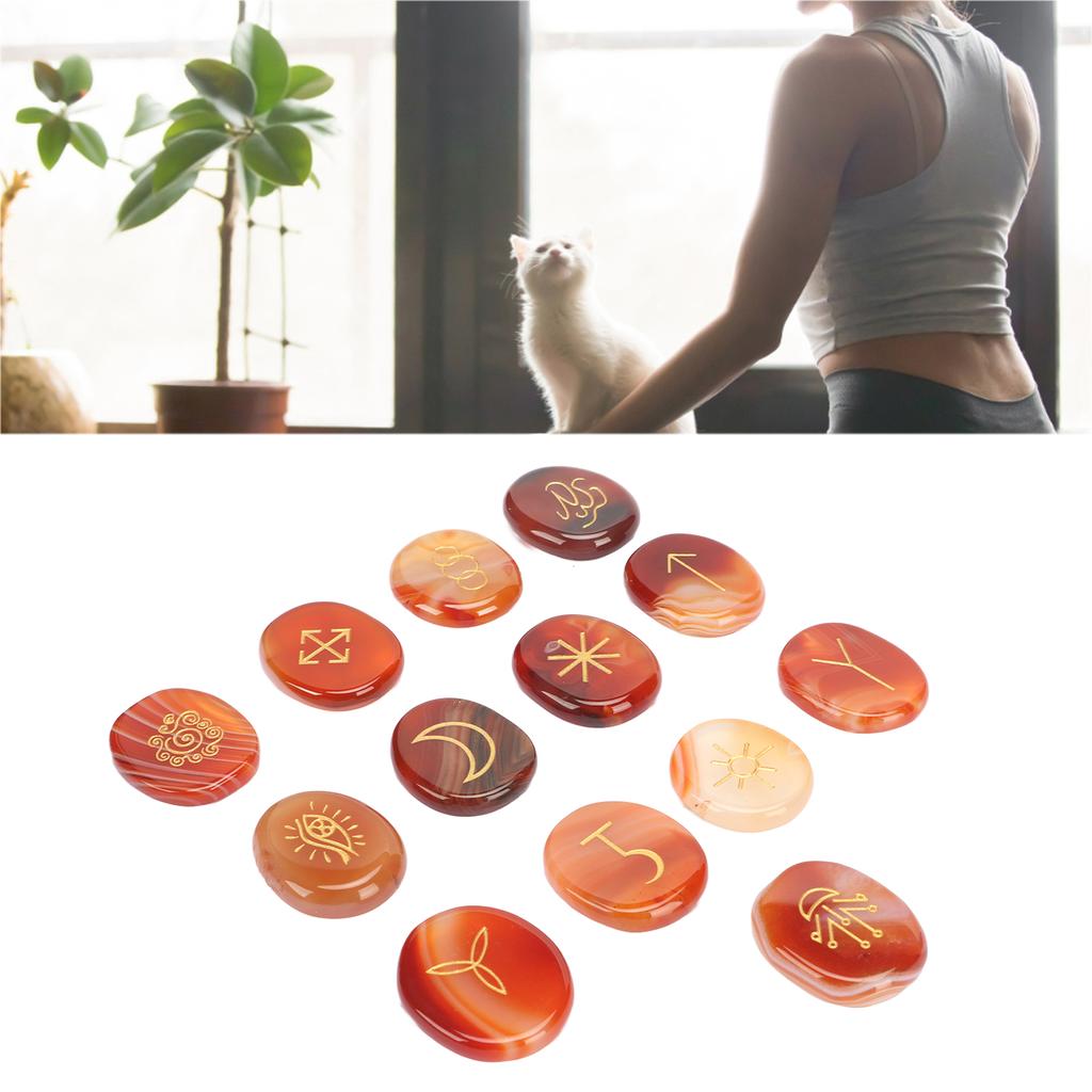 13Pcs Energy Stone Mind Soothing Stones Set with Symbol for Healing Meditation Red
