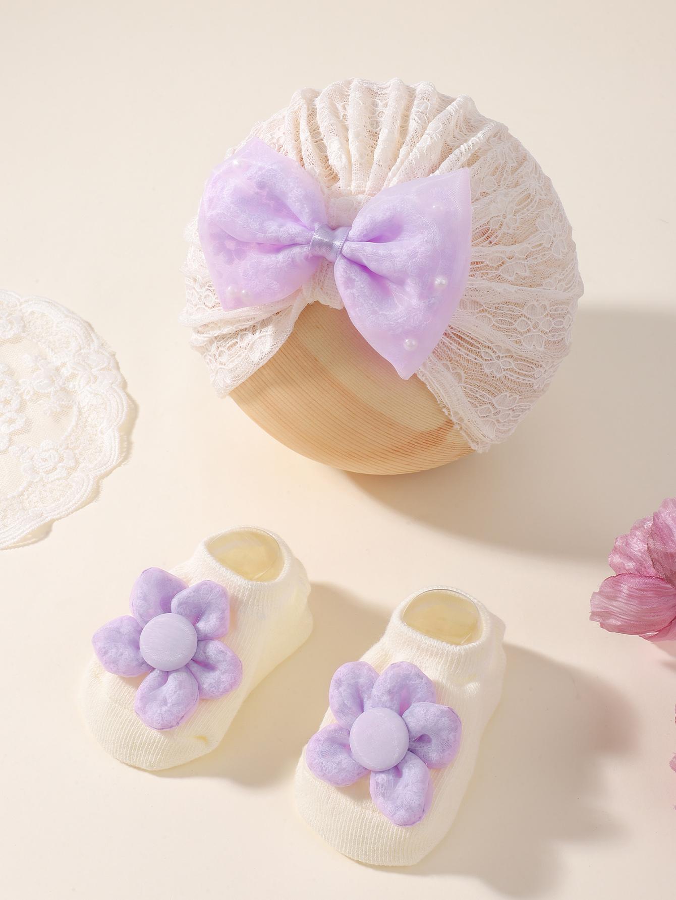 

2 шт. Детская шапка с бантом и носки, комплект для малышей, мальчиков и девочек, кружевной принт, бантик, эластичная шапка-тюрбан, однотонные мягкие носки, детские аксессуары