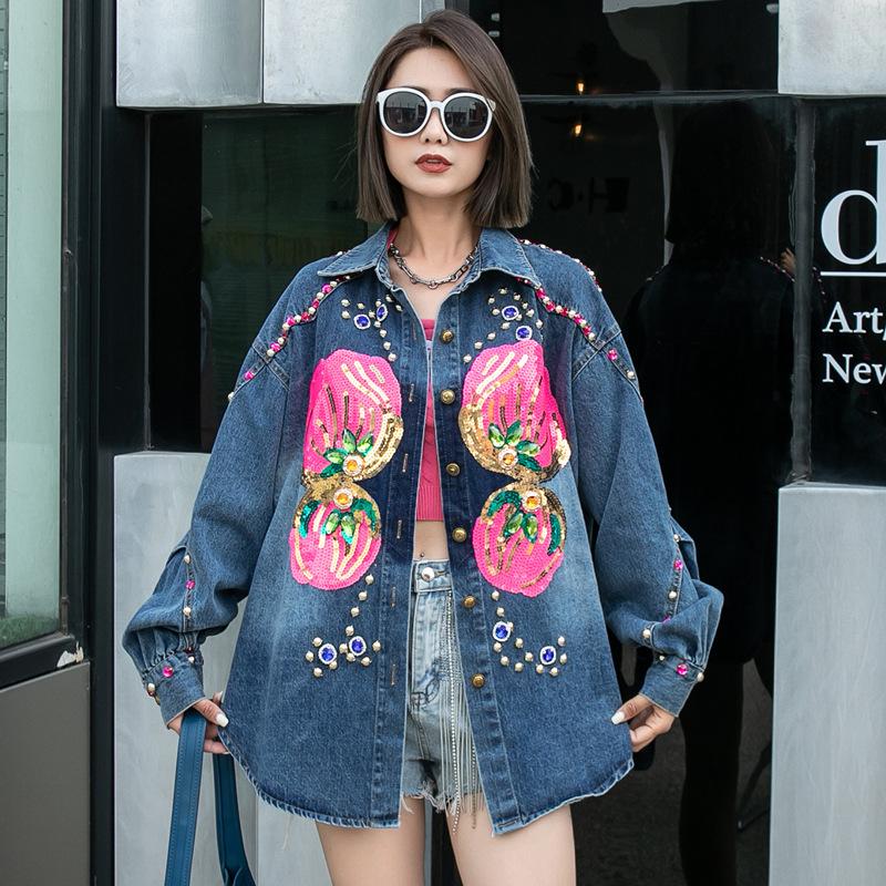 Thai trendy brand spring new foreign style heavy industry beaded sequined shirt women s loose medium and long denim jacket one size fits all синий