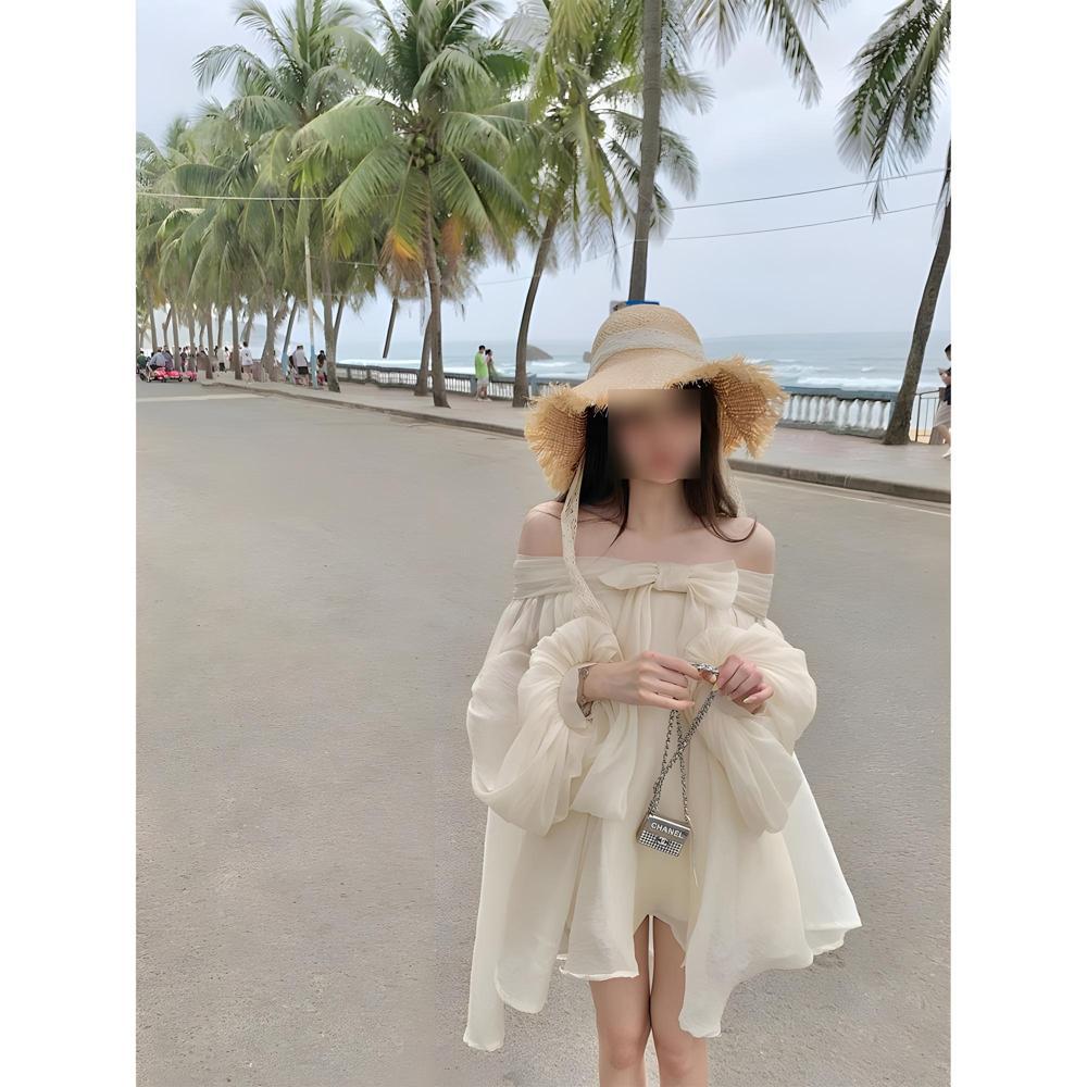 One-word Shoulder Bow Yarn Long-sleeved Top Women's Knee Sweet Wind Bow Chiffon Wrinkled Backless