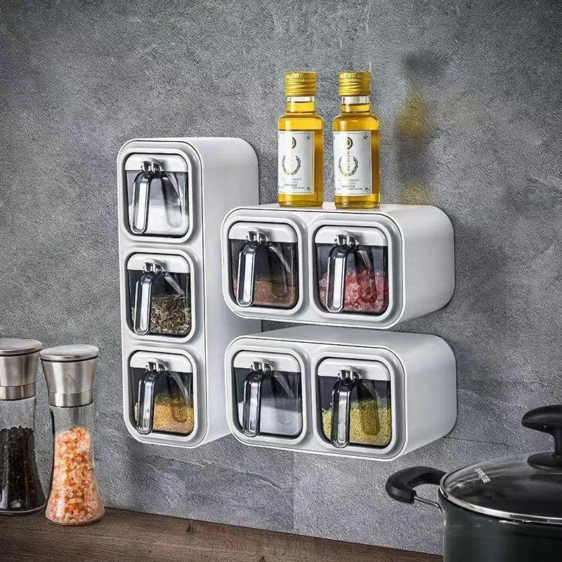 Kitchen Wall Mount Jars for Spices Salt and Pepper Shaker Seasoning Jar Spice Organizer With Spoons Condiment Organizer Box