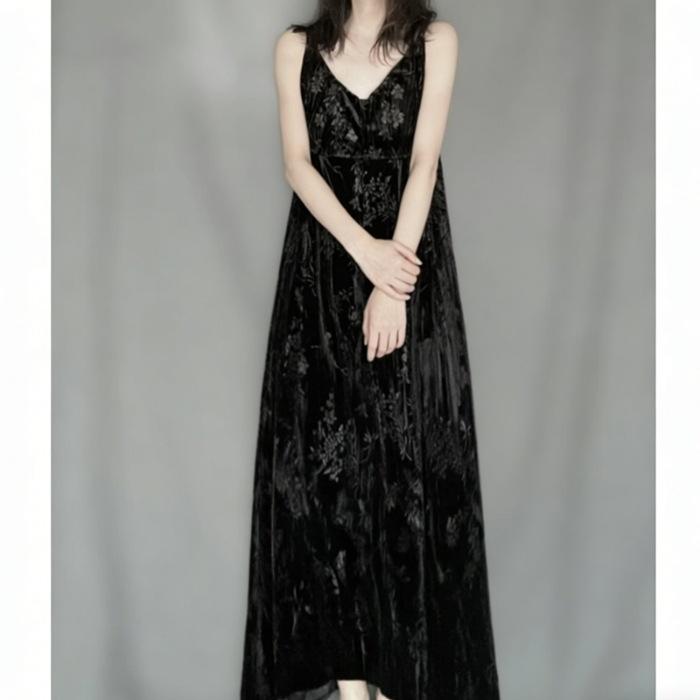 Loose v-neck velvet printed suspender skirt pendant dress women s sleeveless vest skirt super long strap skirt long skirt S