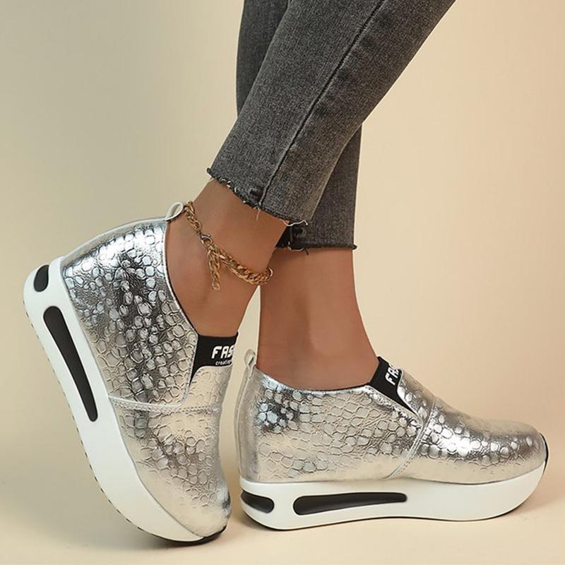 Fashion Elegant Silver Pu Leather Platform Sneakers Women Letter Print Slip On Casual Shoes Foe Woman Lightweight Vulcanize Shoes Mujer