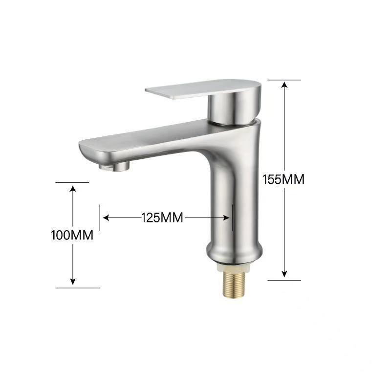 Brushed Stainless Steel Single Cold Water Washbasin Faucet for Flat or Countertop Basin 