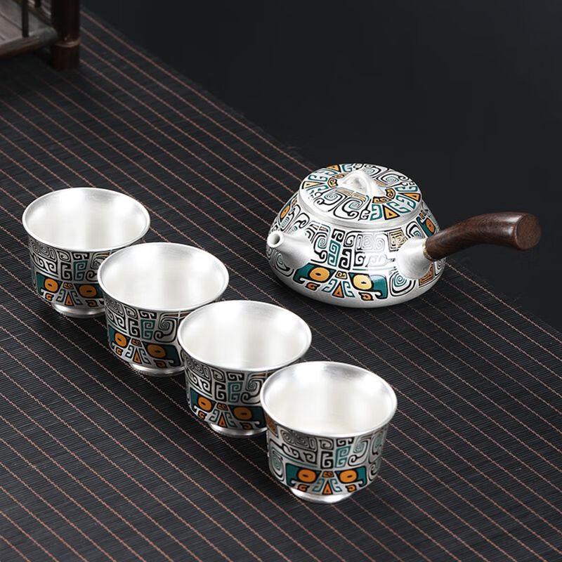 Chaxun Taotie Gilded Silver Clay Teapot Set with 4 Cups
