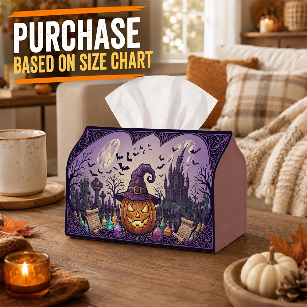 1pc Gothic Mystical Halloween Tissue Box - Multi-functional Napkin Box, 2 Sizes Sturdy Polyester Printed with Witch Hat Pumpkin Castle Cemetery, Great