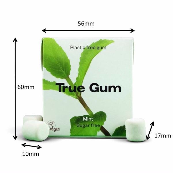 True Gum TRG021MT Mint 21gEigenschaften - Plastikfrei (Kaugummibasis und Verpackung) - Die Kaugummibasis besteht aus natürlichen Inhaltsstoffen. Eigenschaften - Plastikfrei (Kaugummibasis und Verpackung) - G