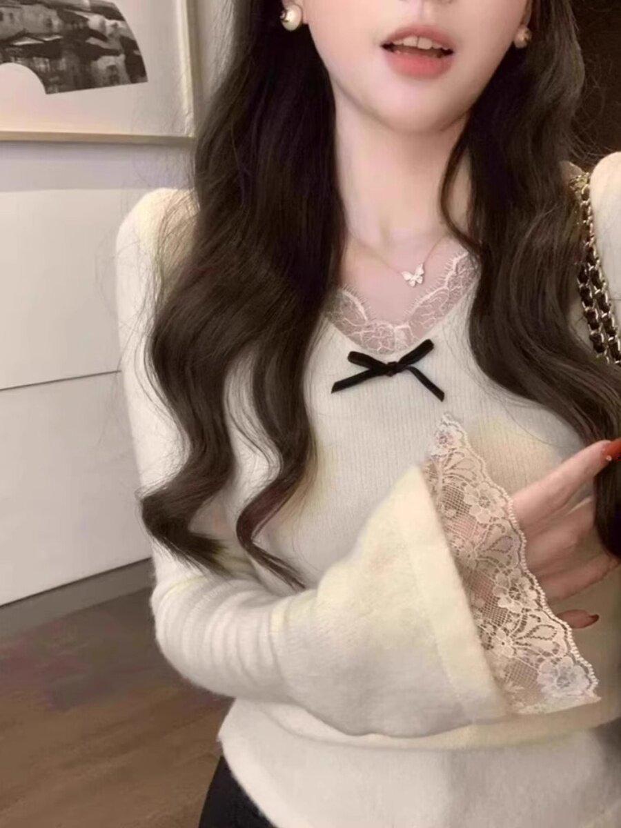 

Women s French Chic Lace Trim V-Neck Knit Top - Stylish Long Sleeve for Autumn to Spring L (Recommended for 105-115 jin) вершковий/білий