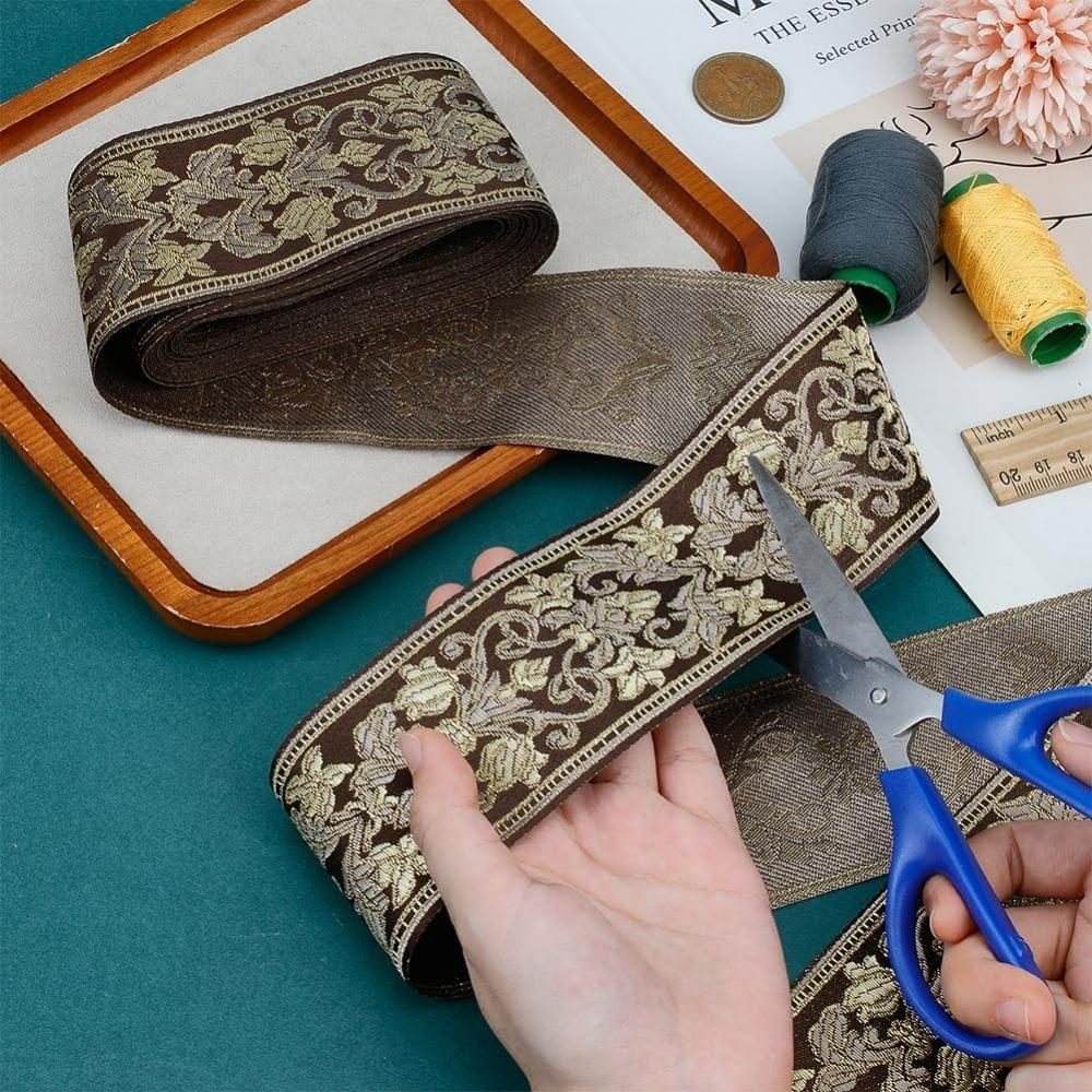 Kávová Boho Žakárová stuha Květinová stuha 5 yardů(5m) Etnická výšivka Polyesterová plochá paspule 61mm Tkaná krajková stuha Pevný popruh