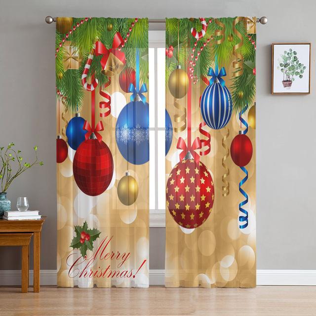 Weihnachtsbogen-Kugel-Weihnachtsbaum-Tüllvorhänge für die Wohnzimmerdekoration, moderne Chiffon-durchsichtige Voile-Weihnachtsvorhänge