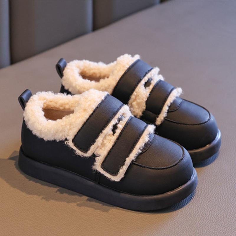Children Cotton Shoes Solid Color Thick Soled Kids Causal Shoes Fashion 2024 Winter Warmth PU Leather Girl Plush Shoes Hook Loop