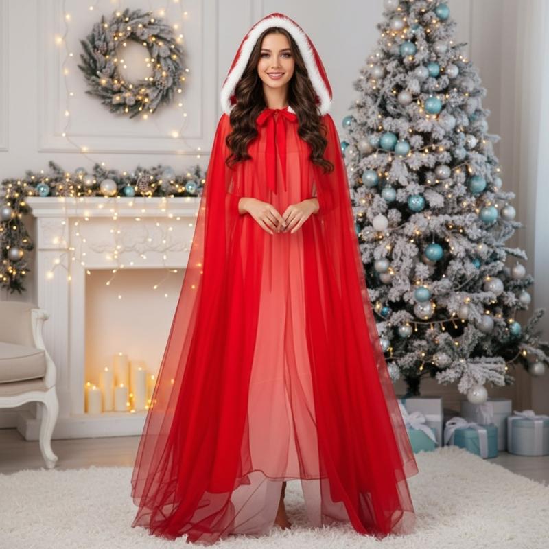 Mesh Hooded Cloak Robe Mrs Santa Clauses Costume Cape Halloween Christmas Costumes for Women Girls Wizard Robe Gifts