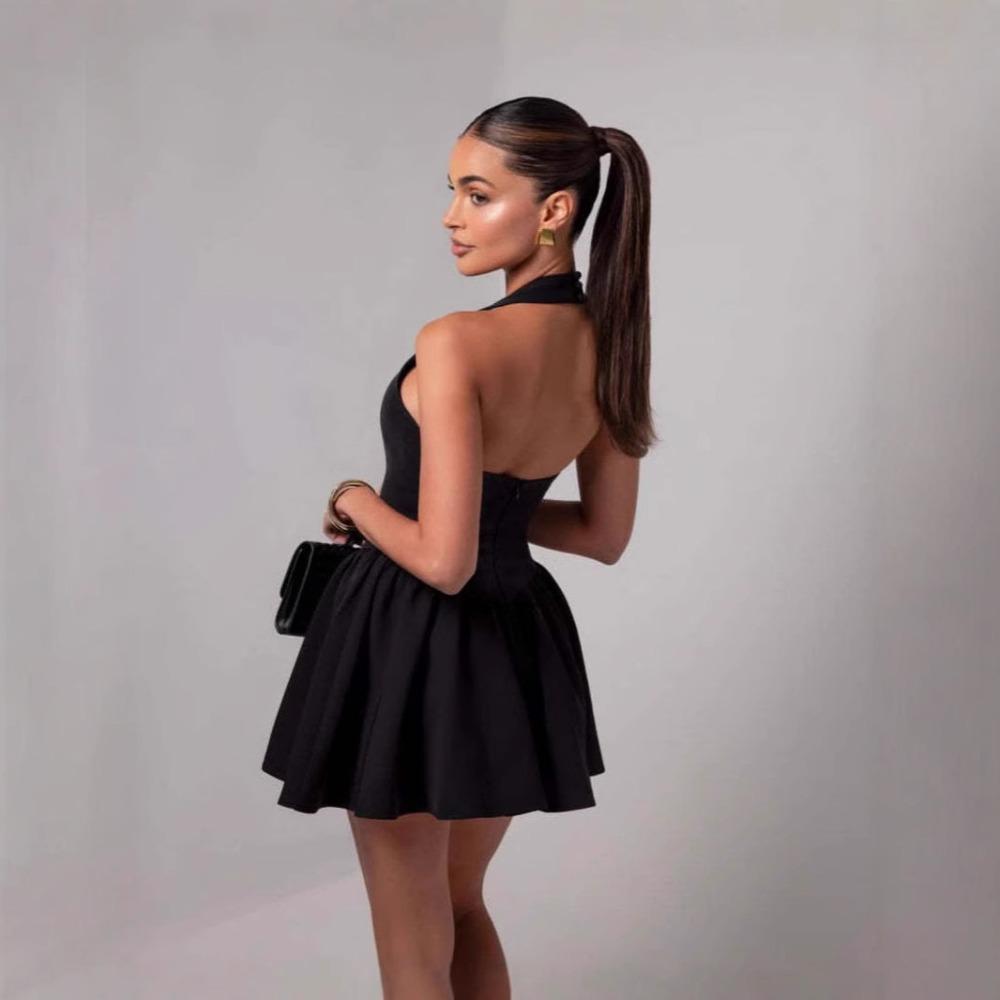 Women's Square Neck Sleeveless Mini Dress Slim Fit Mid Rise Elegant Flared Skirt Halter Party Dress Solid Backless Short Gown