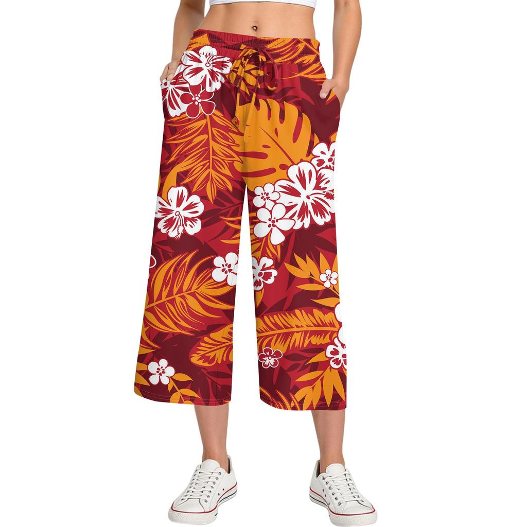 Damen Sommer Hohe Taille Bedruckte Freizeit-Sportbekleidung Lässige Cropped-Hose Weite Hose