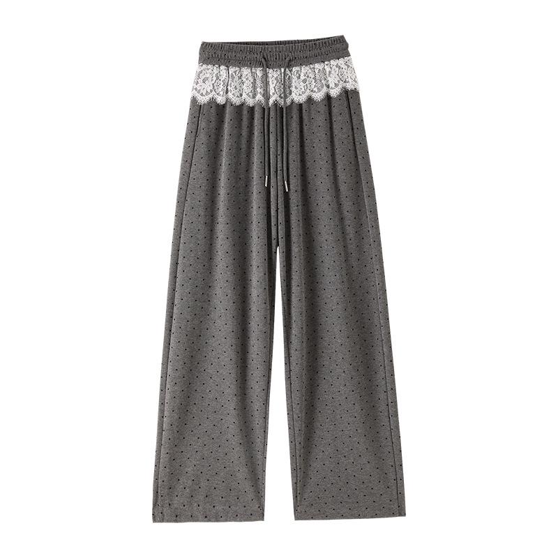 Gray Lace Polka Dot Scimitar Pants: Women's High Waist Drawstring Loose Wide Leg Sports Pants for Spring