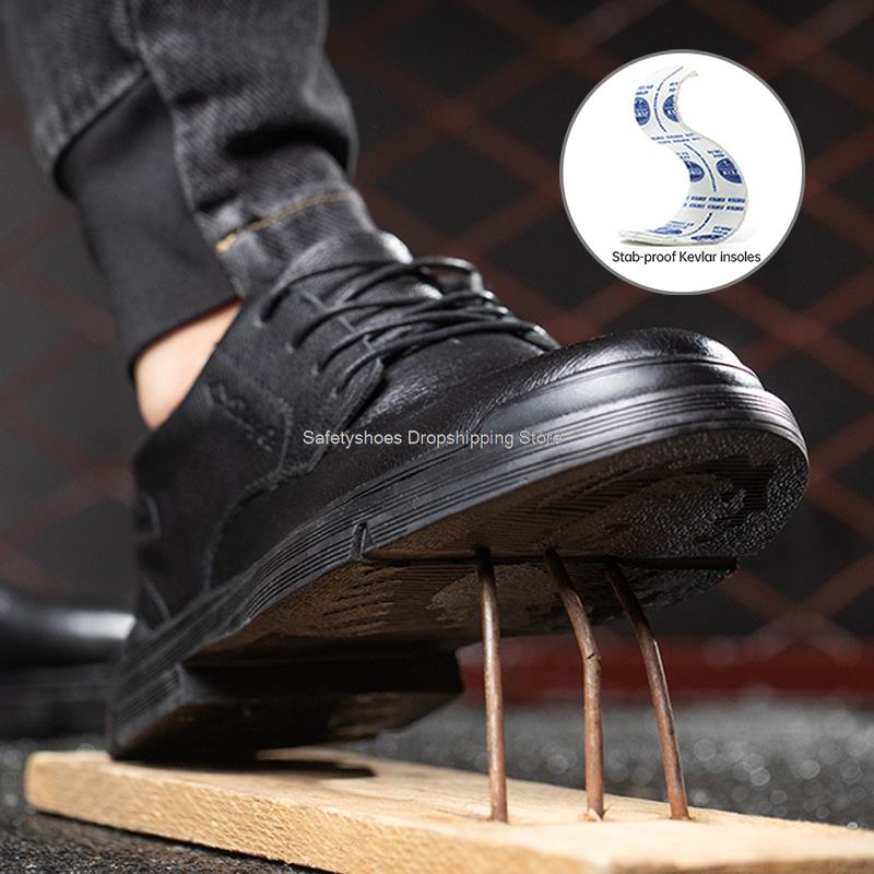 Fashion Split Leather Safety Shoes Men Steel Toe Sneaker Black Work Boots Kitchen Bussiness Safety Boots Industrial Work Shoes Man Boots