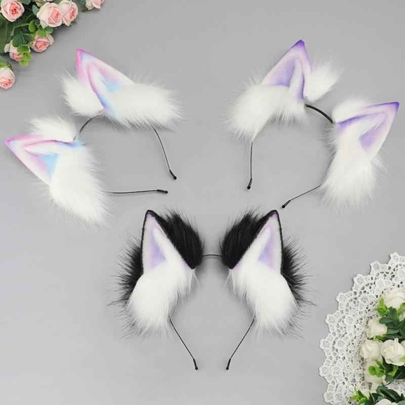 Realistic Cats Ear Hairband With Plush Hairband Gradients Color Design For Women Girls Cosplays Event Themed Parties