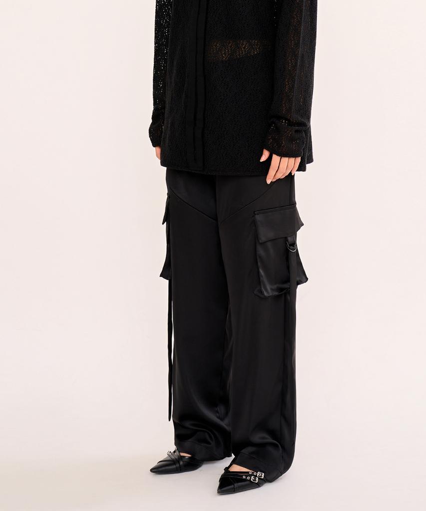 FANYOUNG Zip Slit Satin Wide Cargo Pants