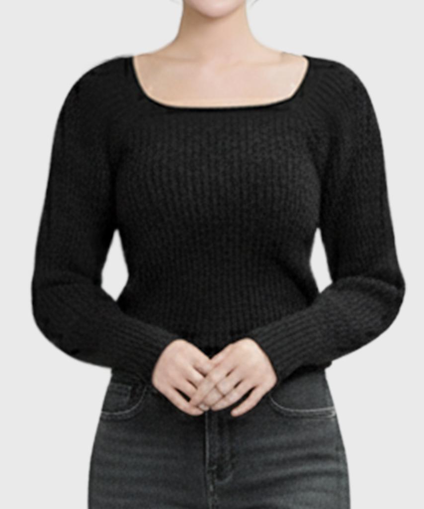 Keulleiseu Stephanie Ribbed Square Neck Puff Sleeve Knit_Ivory