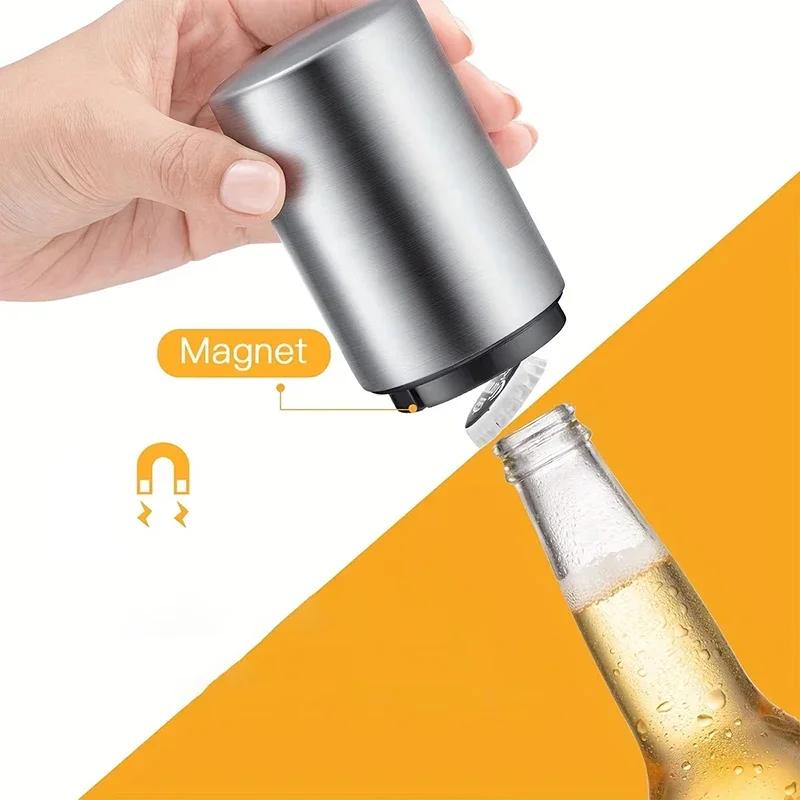 Magnetic Automatic Beer Bottle Can Opener Magnet Stainless Steel Push Down Opener Cool Kitchen Gadgets Accessories