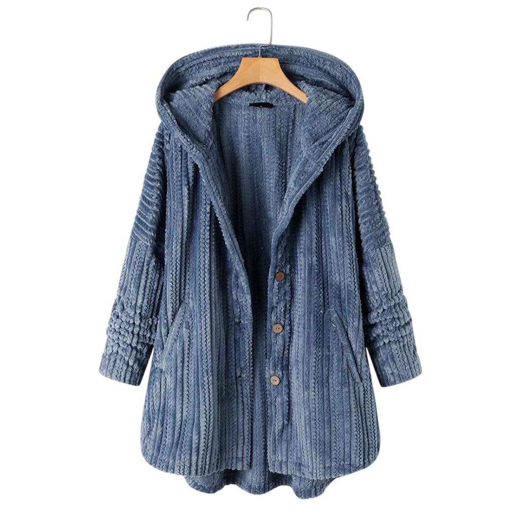 Women's Loose Button Plush Hooded Color Long-sleeved Mid-length Coat