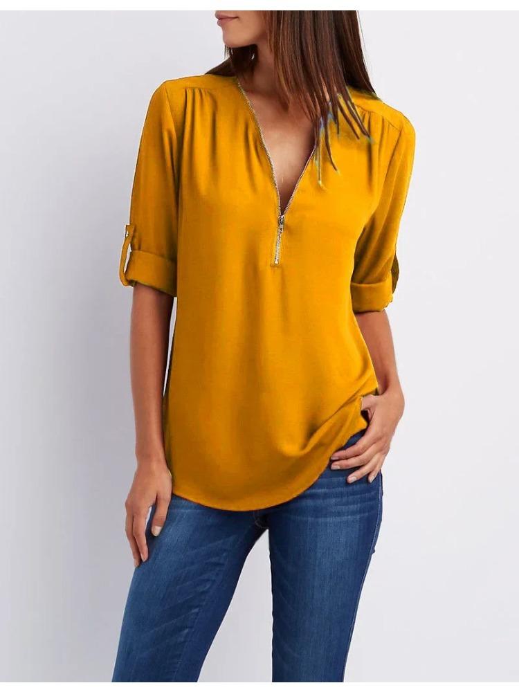 2026 Dames Cool Los Shirt Diepe V-hals Chiffon Mode Blouse Casual Dames Tops Sexy Rits Pullover Grote Maten