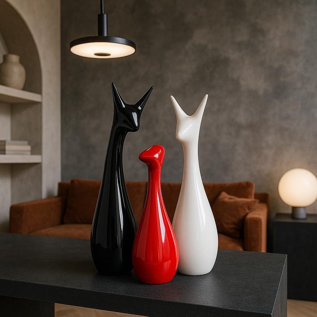 Home Decor Lucky Deer Statue Family Piano Finish Ceramic Figures - (Set of 3, Red Black, White)