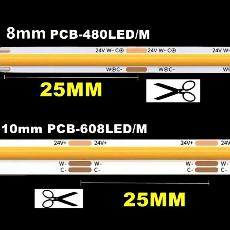 Dimmbare 3-Farben CCT COB LED-Streifenleuchte 24V 8mm 10mm Breite 2700K bis 6500K Farbwechselndes LED-Band Linear Doppelfarbe RA90