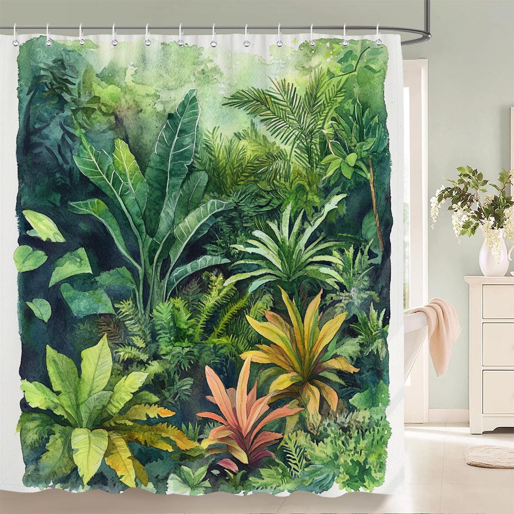 Fresh Green Leaves and Plants Pattern Shower Curtain Printed Leaves Bathroom Bath Curtain Home Decoration Curtain With Hooks