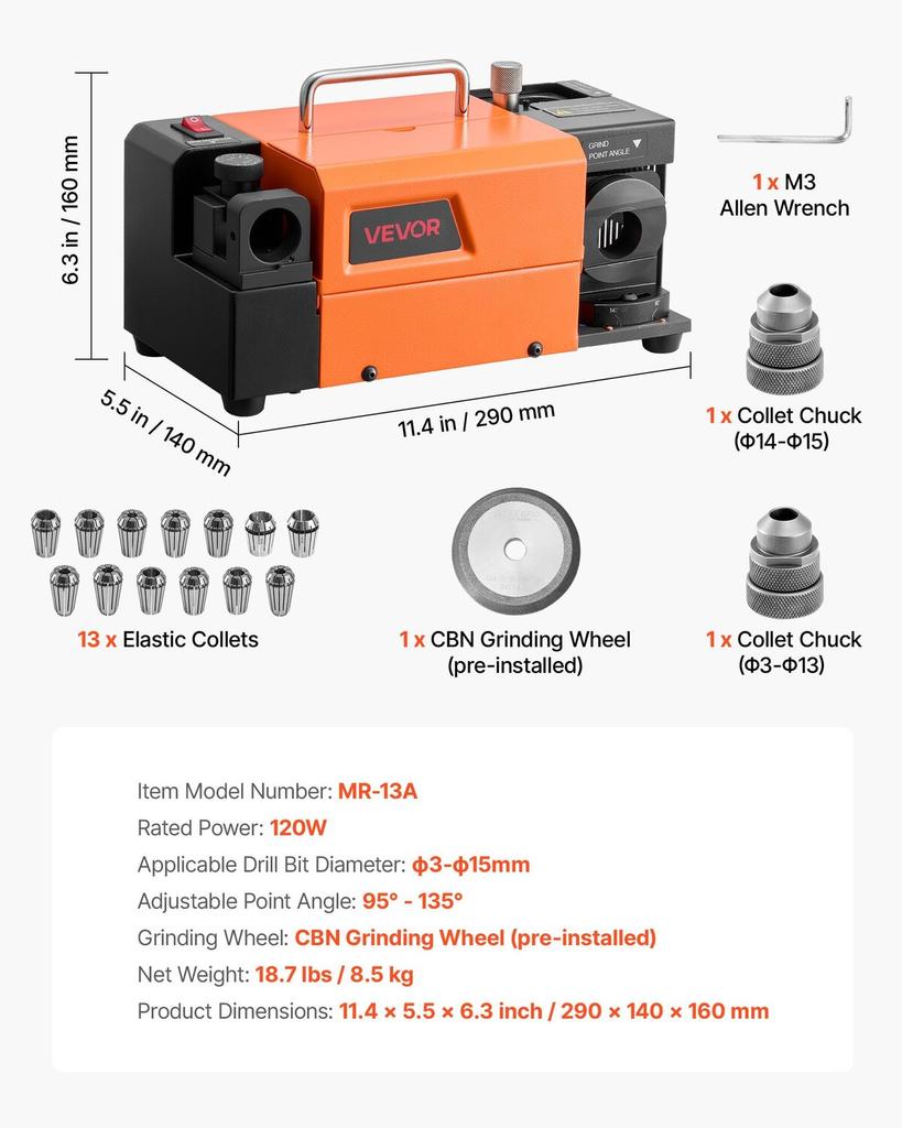 Drill Bits Sharpener MR-13A, 3-15mm Drill Bit Grinder Sharpener with 95°-135° Adjustable Point Angle, 4600RPM High Speed Re-Sharpening Machine with 13