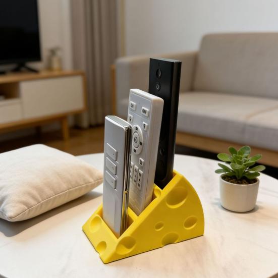 Remote Control Holder with 3 Compartments 3D-Printed Cheese-Shaped Desk Organizer for Table Nightstand Home Office